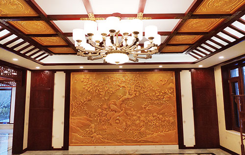 萍乡中式别墅客厅中式木作横梁吊顶装饰展示