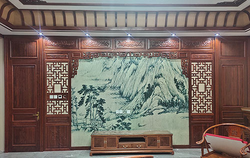 萍乡中式仿古别墅客厅背景墙花格木作装饰